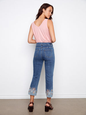 Embroidered Cuff Cropped Jeans