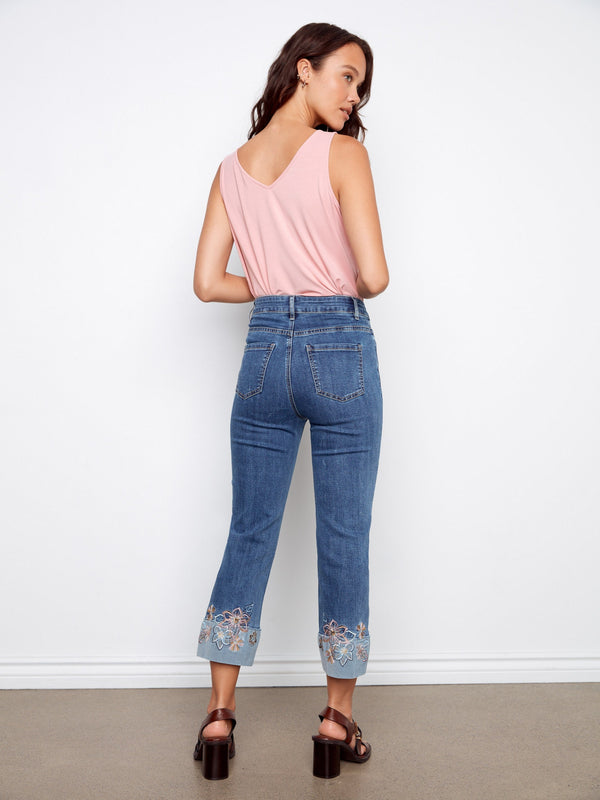 Embroidered Cuff Cropped Jeans