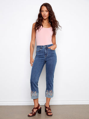 Embroidered Cuff Cropped Jeans