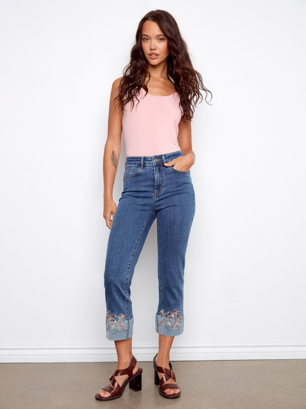 Embroidered Cuff Cropped Jeans