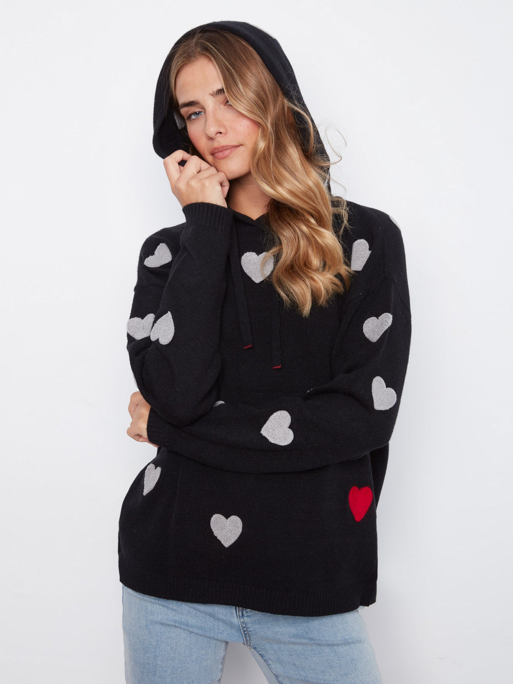 Embroidered Hearts Hoodie Sweater