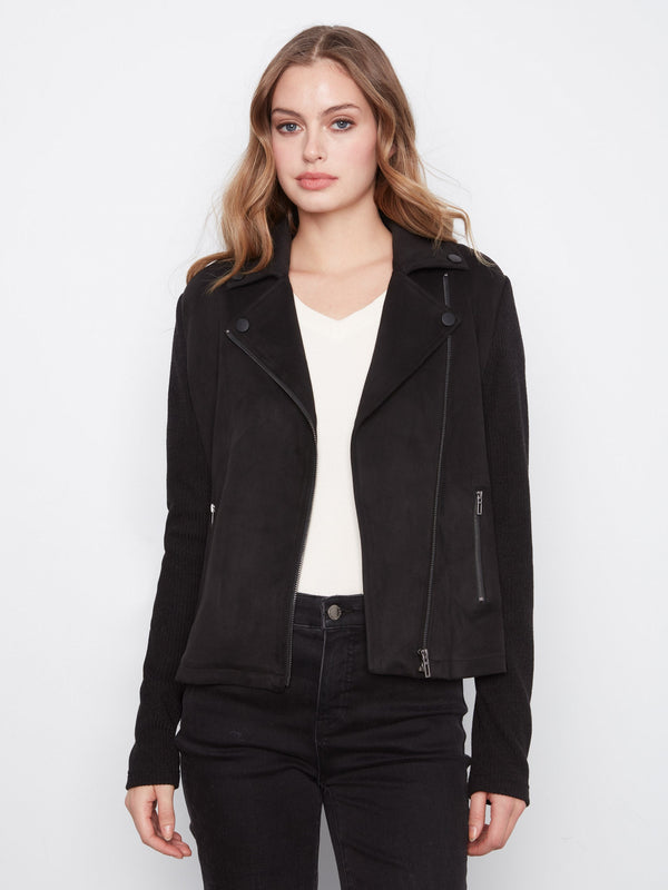 Faux Suede Jacket w/ Knit Sleeves