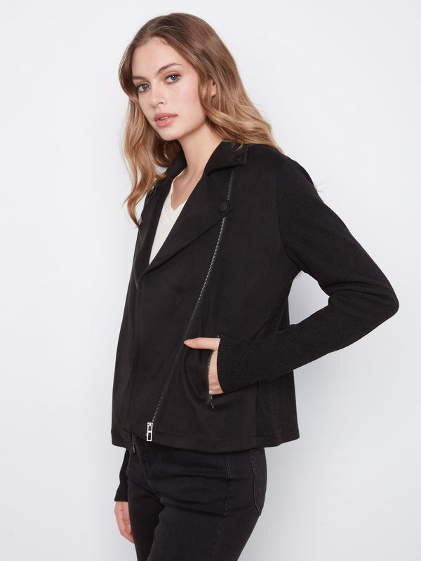 Faux Suede Jacket w/ Knit Sleeves