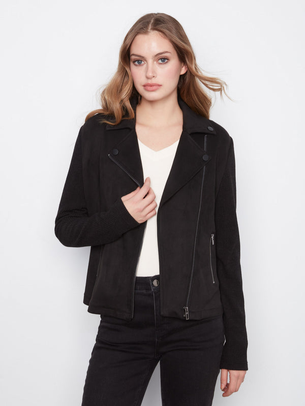 Faux Suede Jacket w/ Knit Sleeves