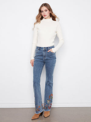 Flare Jeans With Floral Hem Embroidery - Medium Blue