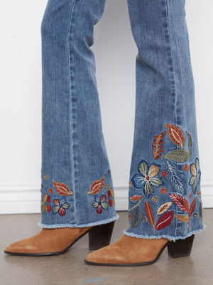 Flare Jeans With Floral Hem Embroidery - Medium Blue