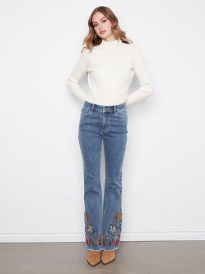 Flare Jeans With Floral Hem Embroidery - Medium Blue