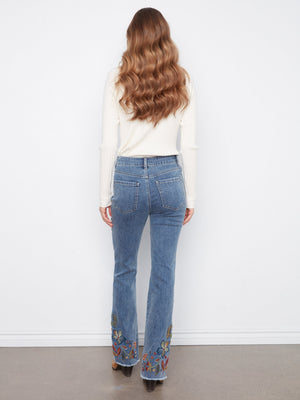 Flare Jeans With Floral Hem Embroidery - Medium Blue