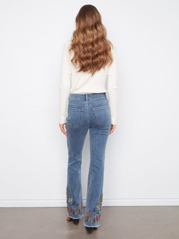 Flare Jeans With Floral Hem Embroidery - Medium Blue