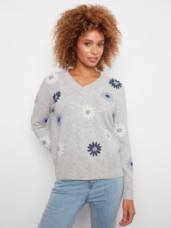 Floral Embroidered V-Neck Sweater