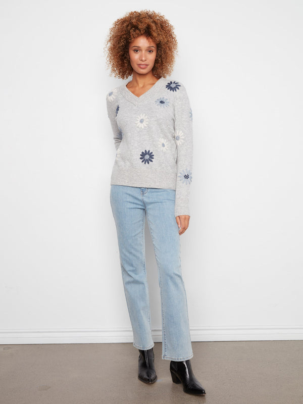 Floral Embroidered V-Neck Sweater