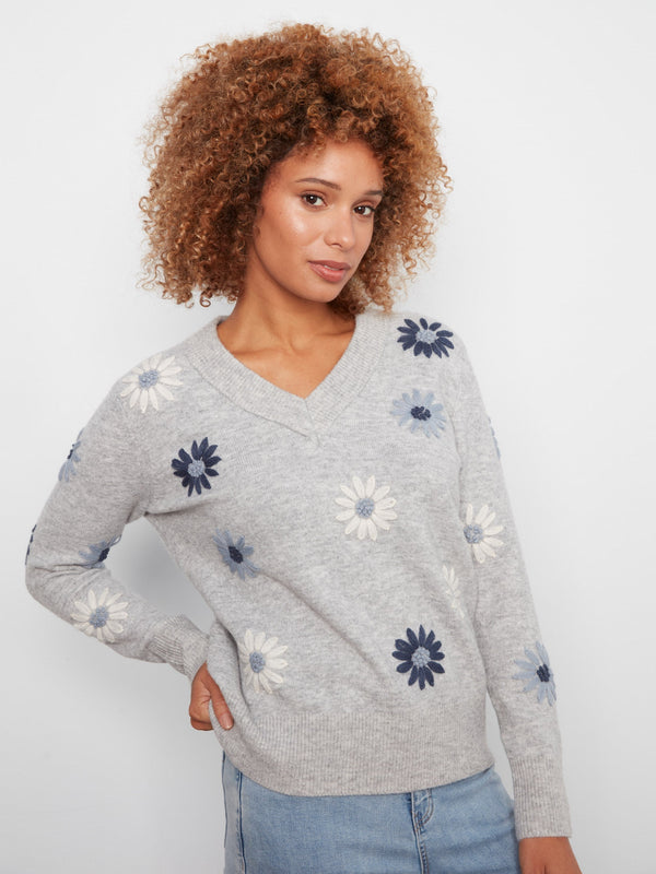Floral Embroidered V-Neck Sweater