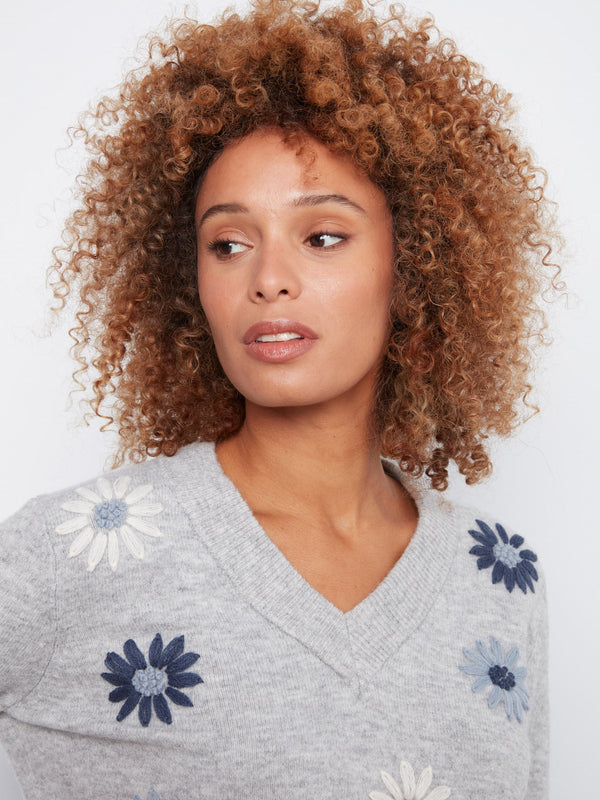 Floral Embroidered V-Neck Sweater
