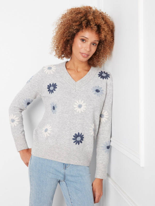 Floral Embroidered V-Neck Sweater