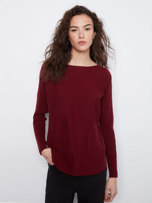Knit Sweater With Back Lace-Up Detail - Merlot