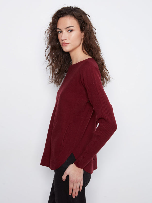 Knit Sweater With Back Lace-Up Detail - Merlot
