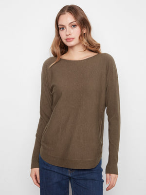 Knit Sweater With Back Lace-Up Detail - Moss Green