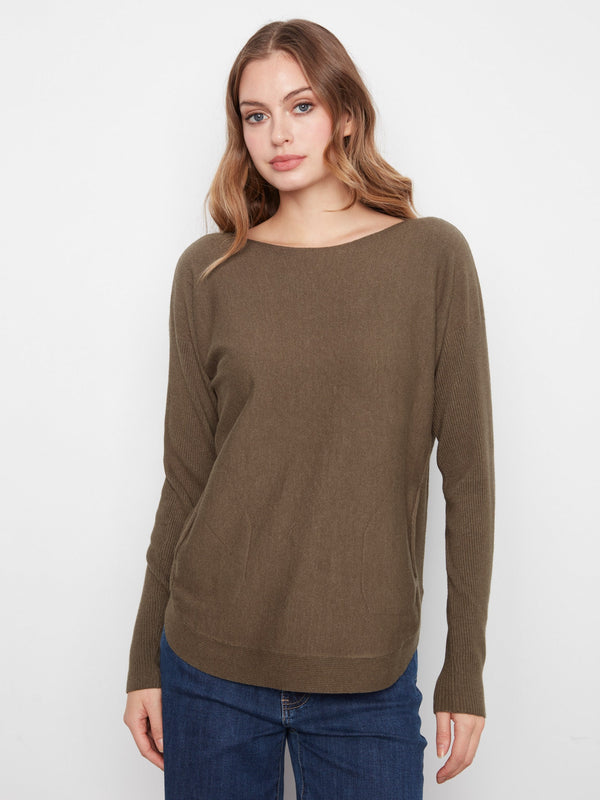 Knit Sweater With Back Lace-Up Detail - Moss Green