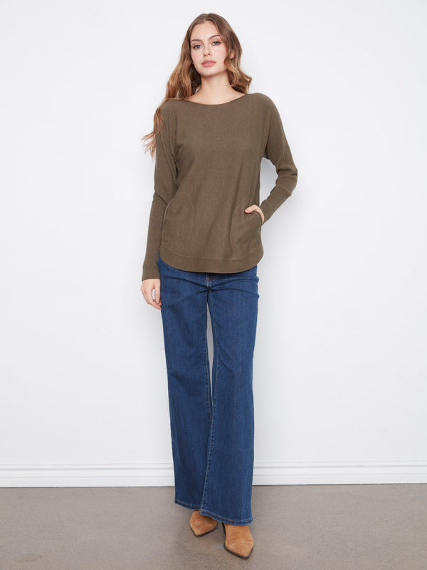 Knit Sweater With Back Lace-Up Detail - Moss Green