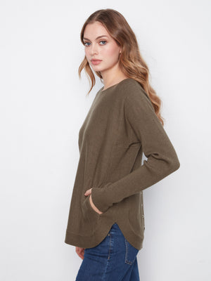 Knit Sweater With Back Lace-Up Detail - Moss Green