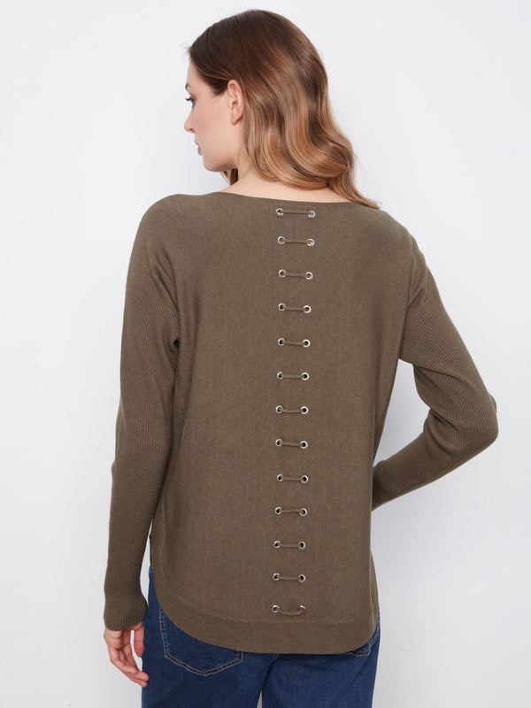 Knit Sweater With Back Lace-Up Detail - Moss Green