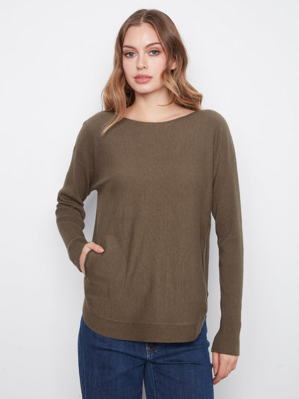 Knit Sweater With Back Lace-Up Detail - Moss Green