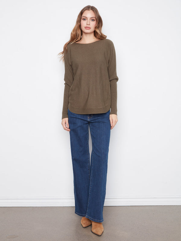 Knit Sweater With Back Lace-Up Detail - Moss Green