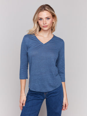 Linen Blend V-Neck Top - Denim