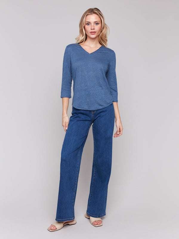 Linen Blend V-Neck Top - Denim