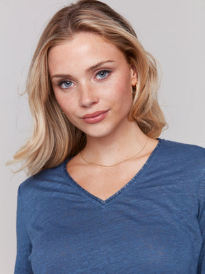 Linen Blend V-Neck Top - Denim