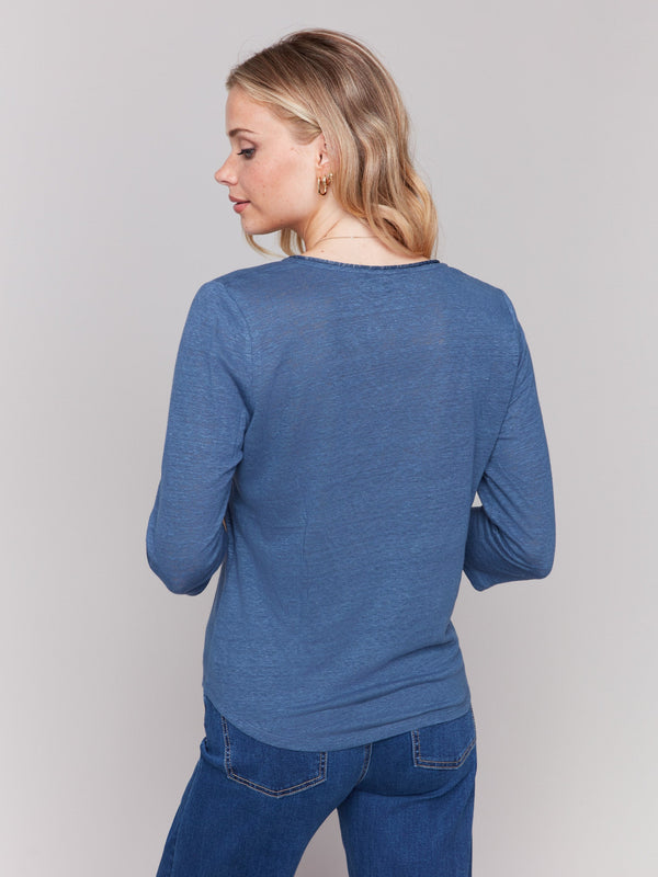 Linen Blend V-Neck Top - Denim