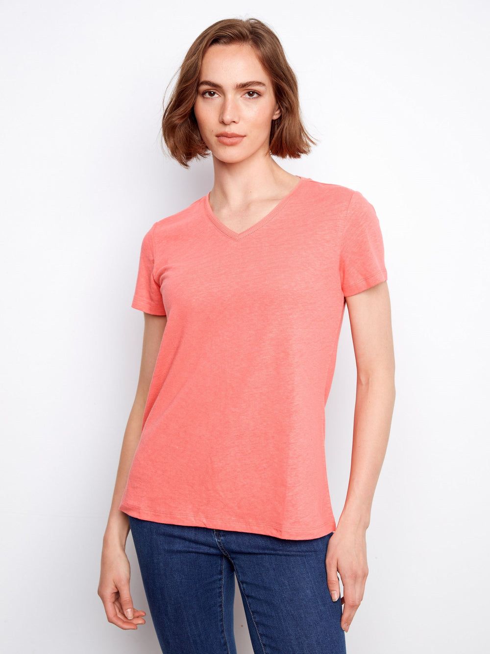 Linen Blend V-Neck Shirt - Sorbet