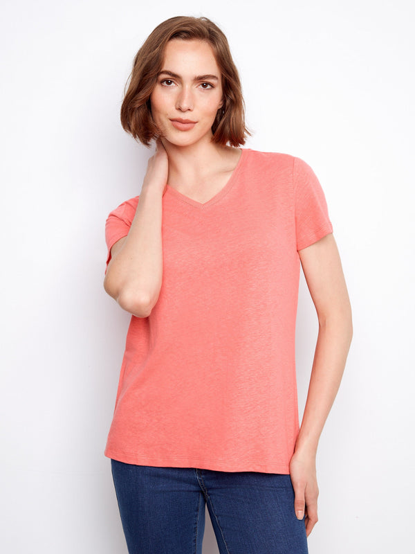 Linen Blend V-Neck Shirt - Sorbet