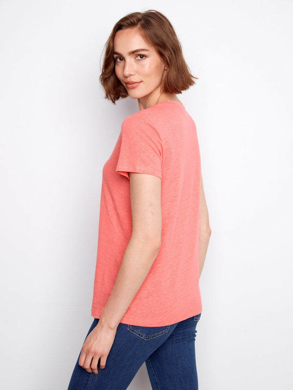 Linen Blend V-Neck Shirt - Sorbet