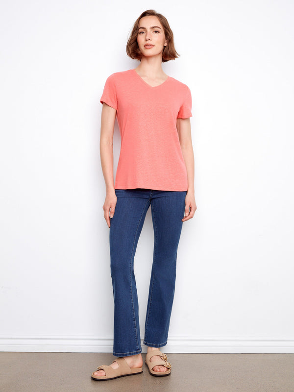 Linen Blend V-Neck Shirt - Sorbet