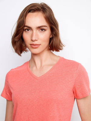 Linen Blend V-Neck Shirt - Sorbet
