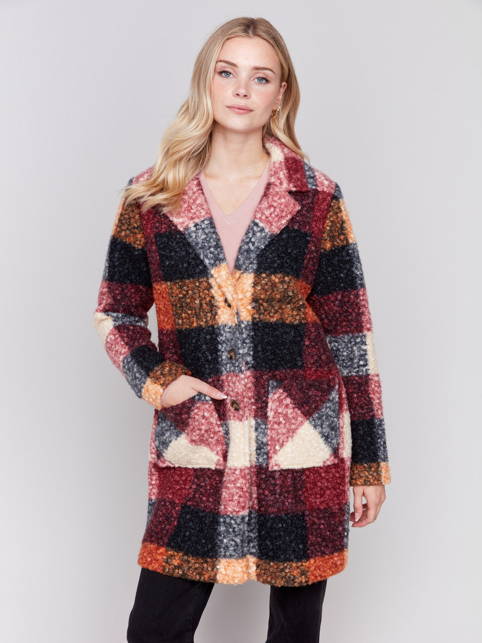 Wome's Boucle Plaid Knit Coat