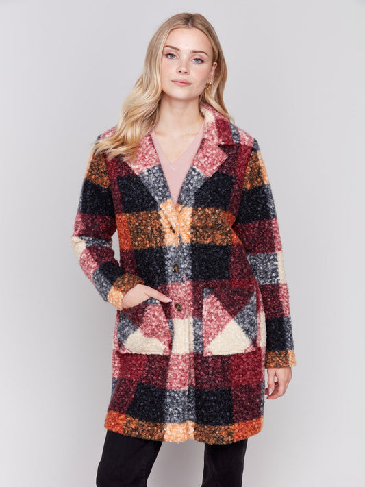 Wome's Boucle Plaid Knit Coat