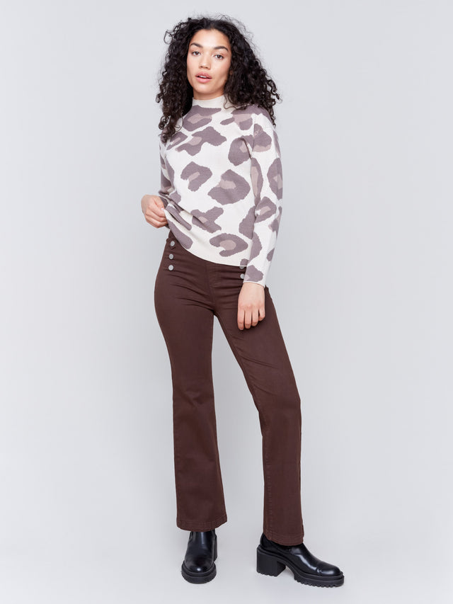 Pull-On Flare Twill Pants with Front Buttons - Mocha