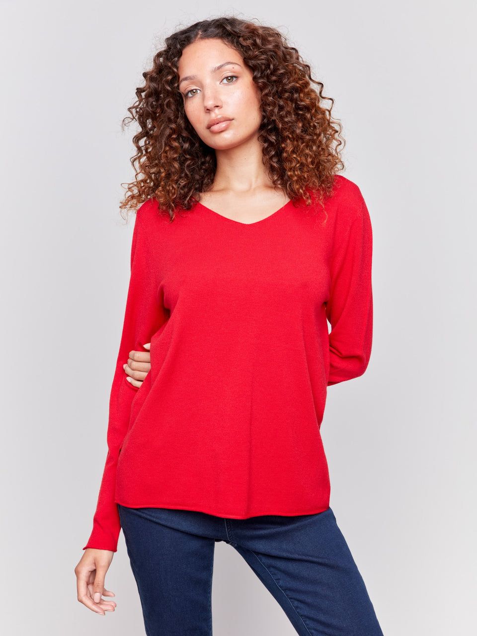 Solid Basic V-Neck Sweater - Cranberry