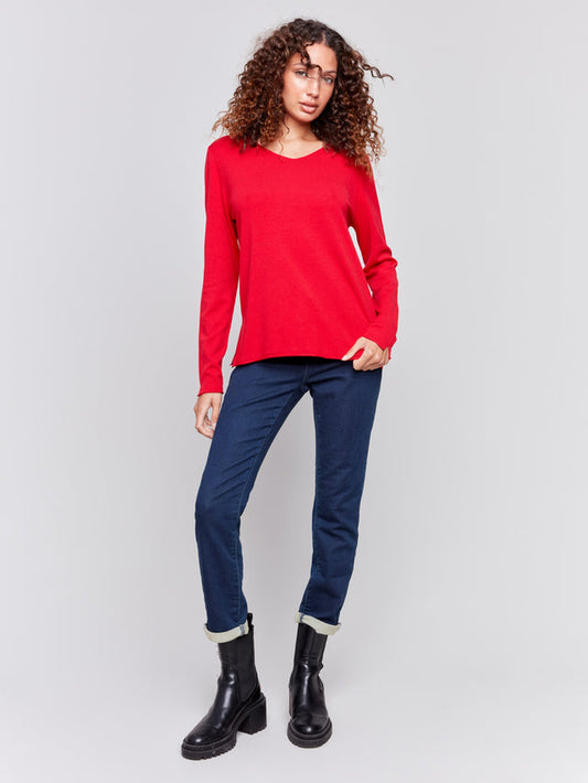 Solid Basic V-Neck Sweater - Cranberry