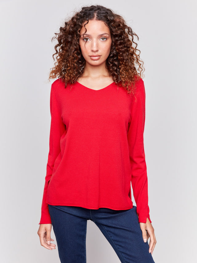 Solid Basic V-Neck Sweater - Cranberry