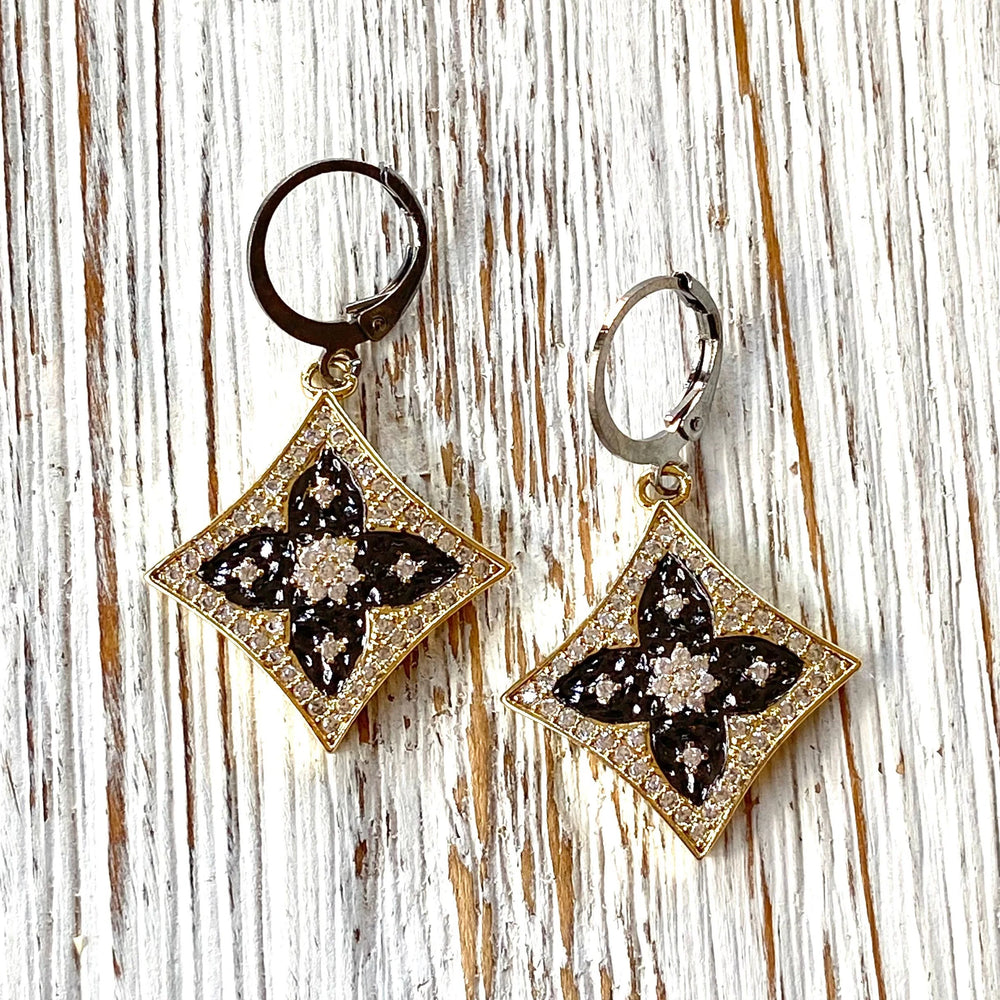 Gold Drop Earrings w/ Black Details & Crystals