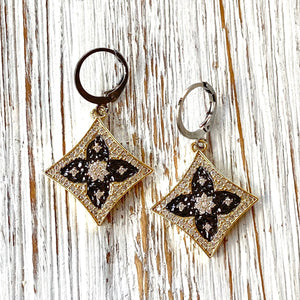 Gold Drop Earrings w/ Black Details & Crystals
