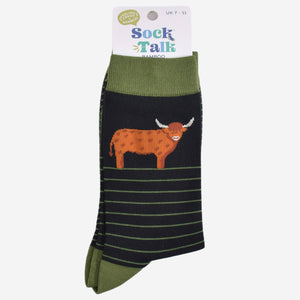Men's Bamboo Socks Highland Cow - Black & Green