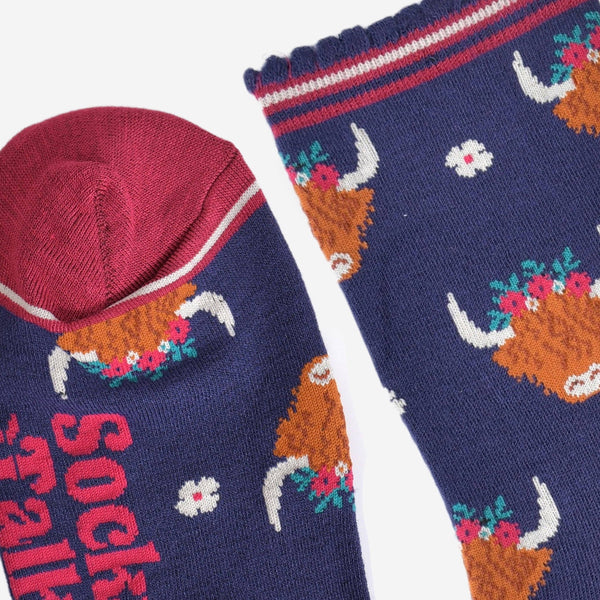 Women's Bamboo Socks - Navy/Burgundy, Winter Highland Cow