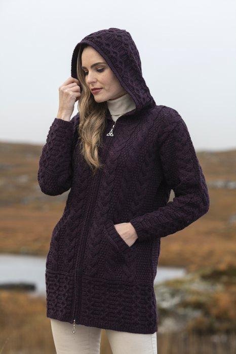 Galway Irish Cable Knit Hooded Coat - Damson