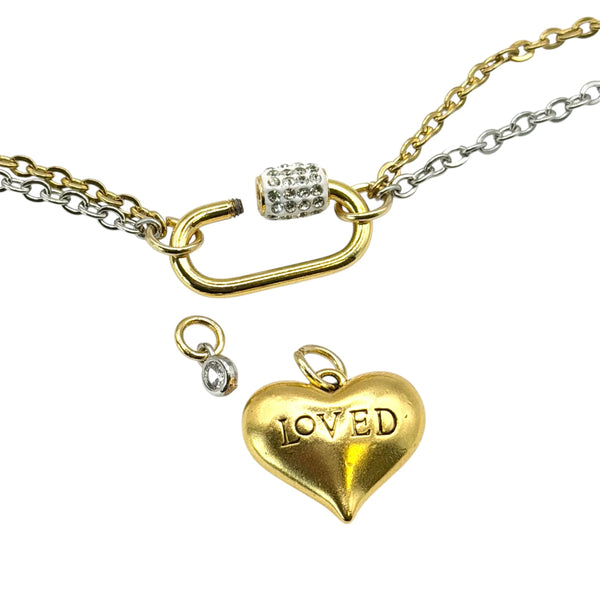 Charm Necklace w/ 'Loved' Heart & Crystal Charms - Gold & Silver