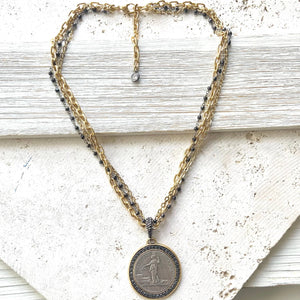 French Revolutionary Coin Pendant w/ Black Spinel - Gold & Black Chains