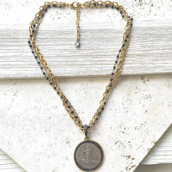 French Revolutionary Coin Pendant w/ Black Spinel - Gold & Black Chains